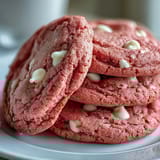 A soft batch of Pink Velvet Cookies stacked on a white plate near a glass of milk. 