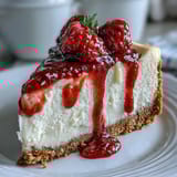 Fresh raspberries and a drizzle of sauce garnish the rich Indulgent White Chocolate Raspberry Cheesecake Bliss, perfect for an elegant dessert.