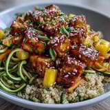Freshly baked crispy tofu and vibrant spiralized vegetables top fluffy quinoa in an Easy Teriyaki Quinoa Bowl.