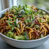 Steaming Asian Teriyaki Noodle Bowl with glossy sauce, broccoli, and carrots.