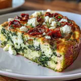 A fluffy, savory spinach and feta frittata with sun-dried tomatoes, baked to golden perfection and ready for brunch.
