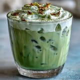 Elegant iced matcha latte with creamy vanilla cold foam for Mother's Day brunch.
