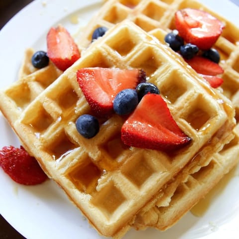 Fluffy, homemade waffles, cooked until golden brown, piled high on a plate, ideal for sharing with friends.