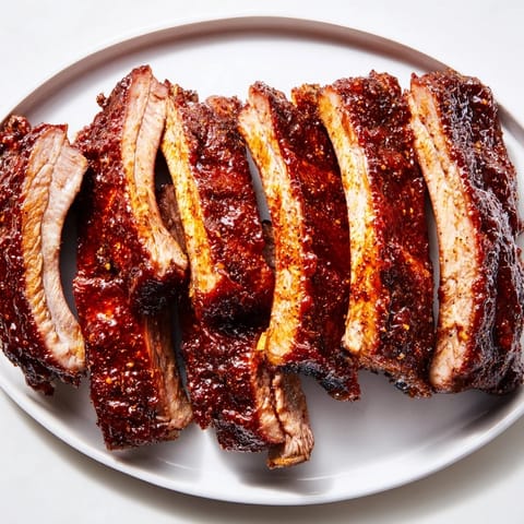Fall-off-the-bone tender BBQ ribs, smothered in a rich, smoky barbecue sauce, ready to serve.