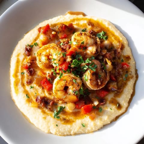 A steaming bowl of shrimp and grits, with vibrant peppers and a rich, flavorful sauce.