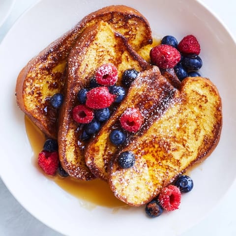 Warm and fluffy French toast slices, a classic breakfast, served with fresh berries and powdered sugar.