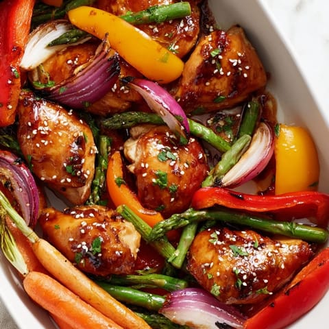 Golden-brown Sheet Pan Honey Garlic Chicken with crisp carrots and onions, garnished with fresh parsley and sesame seeds for a colorful dinner.