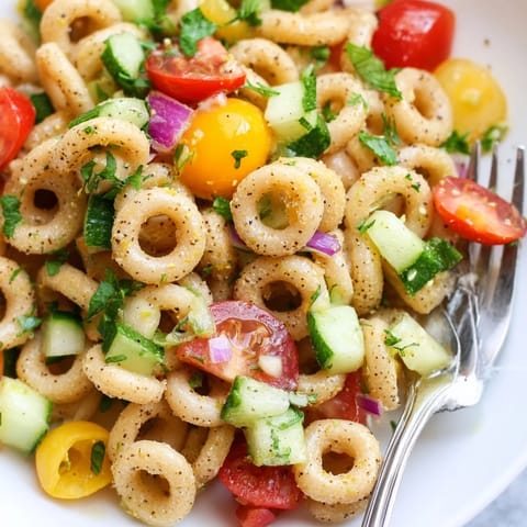 Bright, chilled Lemon Herb Chickpea Pasta Salad with diced cucumbers, cherry tomatoes, fresh herbs, and a zesty lemon-olive oil dressing served in a white bowl.