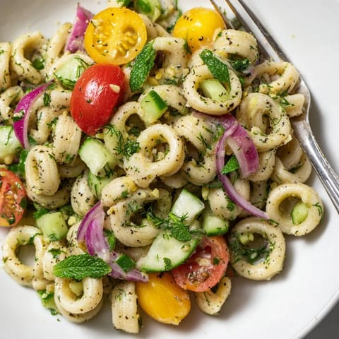 Fork-tender Lemon Herb Chickpea Pasta Salad tossed with parsley, dill, and mint, juicy tomatoes, crisp cucumber, and a tangy dressing, perfect for a light lunch or picnic.