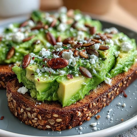 Golden mashed avocado spread thickly on toasted whole grain bread, garnished with tomato slices and pumpkin seeds.