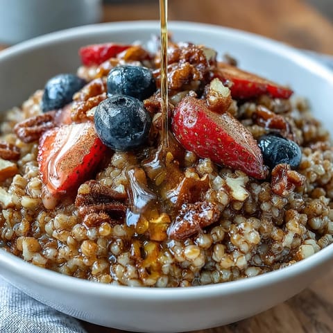 Tender buckwheat groats breakfast piled high with mixed nuts and sliced apple, drizzled with maple syrup and sprinkled with cinnamon.