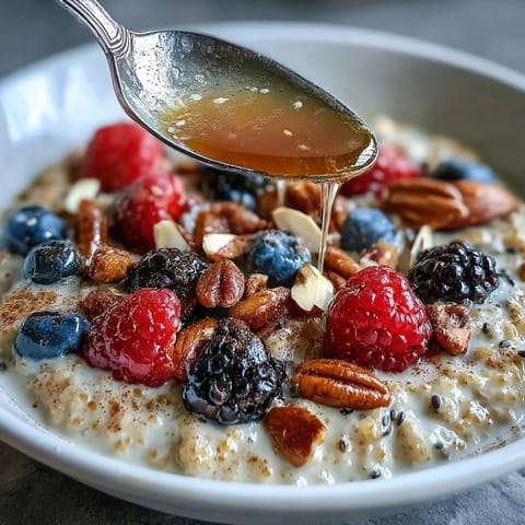 Warm millet porridge with mixed berries, cinnamon, and nuts, served in a rustic ceramic bowl.  
