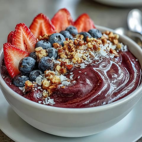 A vibrant Acai Berry Smoothie Bowl topped with sliced bananas, fresh berries, and crunchy granola for a colorful breakfast bowl.