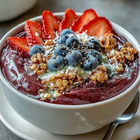Thick purple Acai Berry Smoothie Bowl served in a bowl with fresh strawberries, blueberries, chia seeds, and a nutty drizzle.
