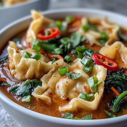 A vibrant serving of Red Curry Wonton Soup With Greens, garnished with fresh cilantro and lime wedges, ready to enjoy.  
