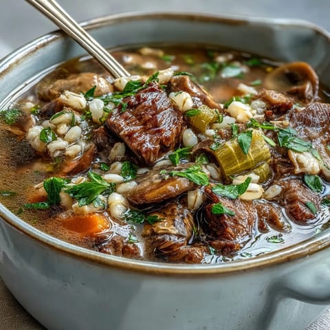 A close-up of hearty Vegetable Beef, Barley, and Mushroom Soup in a rustic bowl, garnished with fresh parsley.