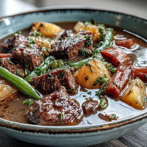 Homemade Beef and Vegetable Soup steaming in a rustic bowl, featuring tender beef chunks, colorful carrots, and green beans.