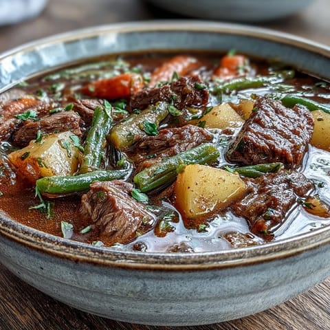 Hearty Beef and Vegetable Soup simmering in a Dutch oven, showcasing chunky potatoes, celery, and fresh parsley garnish.