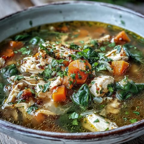 Steaming bowl of golden Turmeric Chicken Soup with tender chicken and wilted spinach.  