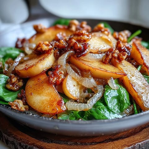 Sautéed crisp apples and tangy sauerkraut tossed with greens in this savory skillet salad.