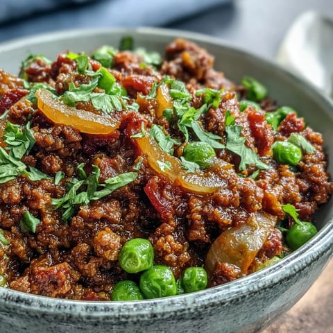 Spiced Venison Keema Curry simmering in a pan, garnished with fresh cilantro and lemon wedges for brightness.