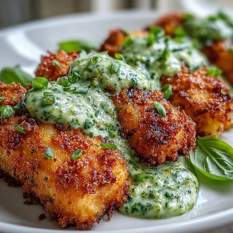 Golden, crispy haddock goujons with Parmesan crust served beside bright green pea pesto in a bowl.