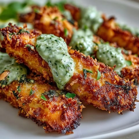 Freshly baked fish fingers drizzled with olive oil and pea pesto on a rustic platter.