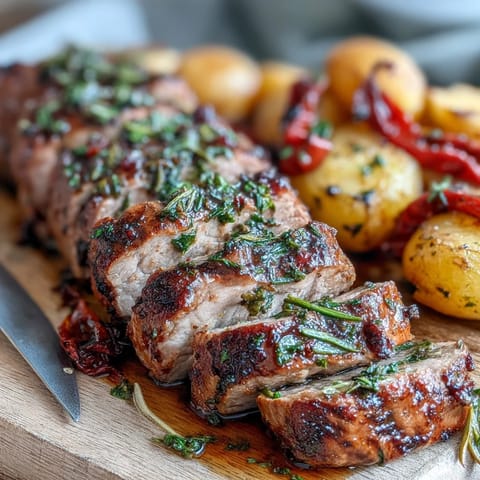 Sliced marinated Ibérico pork fillet rests beside golden roast potatoes and tender red peppers on a rustic plate, drizzled with pan juices.