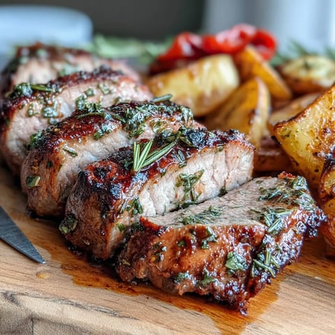 A skillet seared Ibérico pork fillet sits next to roasted potatoes and red peppers, garnished with fresh rosemary and lemon zest.
