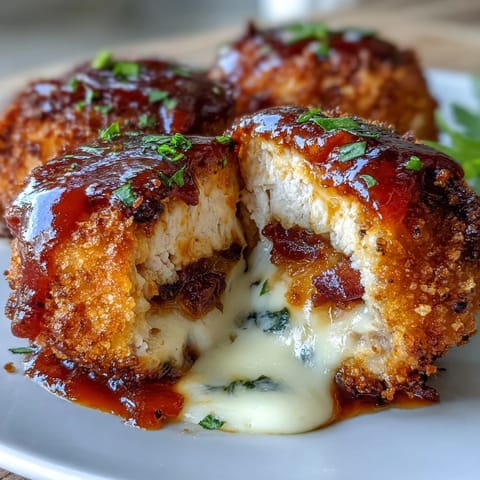 Freshly fried Buffalo Chicken Bacon Mozzarella Bombs served beside a creamy ranch dip, garnished with extra crispy bacon crumbles.