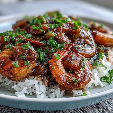 Classic New Orleans Étouffée served over a mound of fluffy white rice, garnished with fresh parsley.