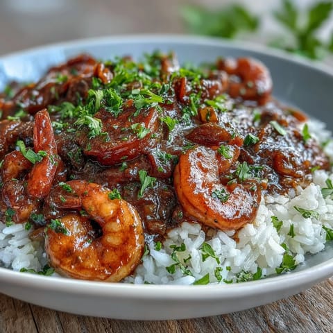 Hearty bowl of Classic New Orleans Étouffée featuring tender shrimp in a dark, savory roux sauce.