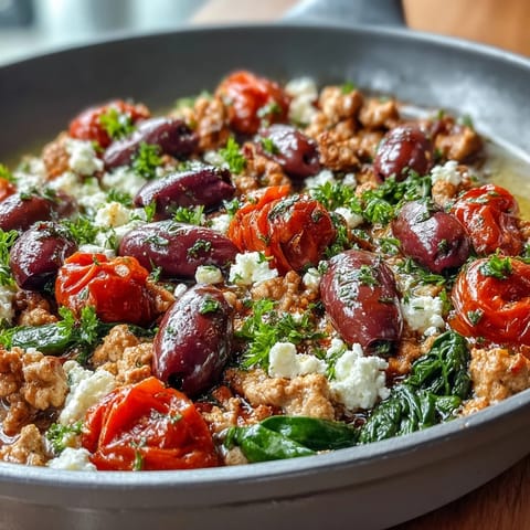 Freshly cooked Mediterranean Keto Ground Chicken Skillet in a pan with juicy cherry tomatoes and briny Kalamata olives.
