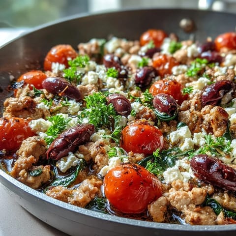 Golden Mediterranean Keto Ground Chicken Skillet topped with creamy crumbled feta cheese, ready to serve for dinner.