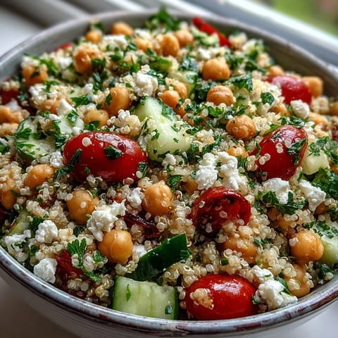 A close-up of the High Protein Quinoa & Chickpea Salad shows fluffy quinoa, diced cucumbers, halved cherry tomatoes, and creamy crumbled feta.