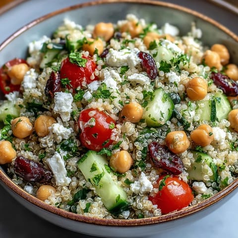 The High Protein Quinoa & Chickpea Salad is tossed with fresh parsley and dressed in a glistening lemon-olive oil vinaigrette in a white bowl.