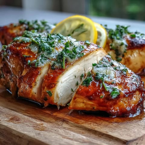 Golden-brown Oven Baked Chicken Breast fresh from the oven, garnished with lemon slices and parsley for a zesty finish.