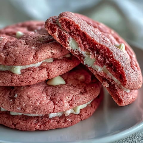 Freshly baked Pink Velvet Cookies with white chocolate chips on a rustic wooden cooling rack. 