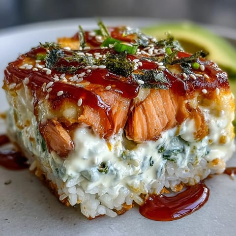 Freshly baked Spicy Salmon Sushi Bake topped with melted cheese and sesame seeds, bubbling hot from the oven.