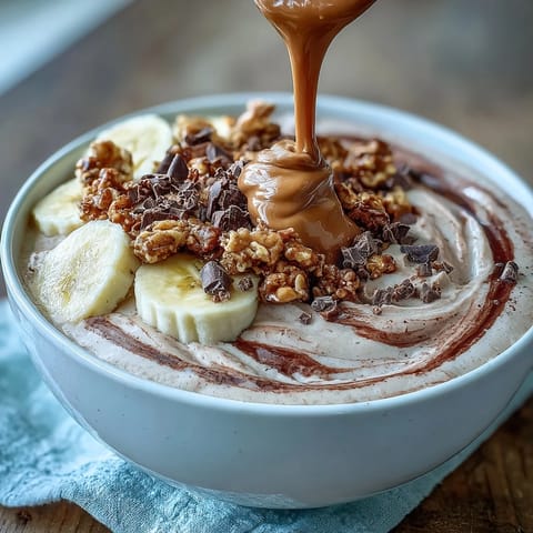 Chocolate Peanut Butter Smoothie Bowl topped with sliced banana, chopped dark chocolate, and crunchy granola, drizzled with extra peanut butter for a hearty breakfast.