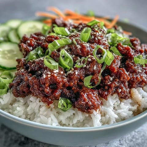 Sizzling ground beef glazed in a spicy gochujang sauce for an Easy Korean Beef Bowl.