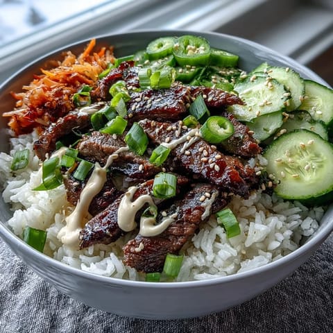 Fluffy white rice topped with marinated beef, pickled carrots, and creamy sriracha mayo in a Korean Beef Power Bowl.
