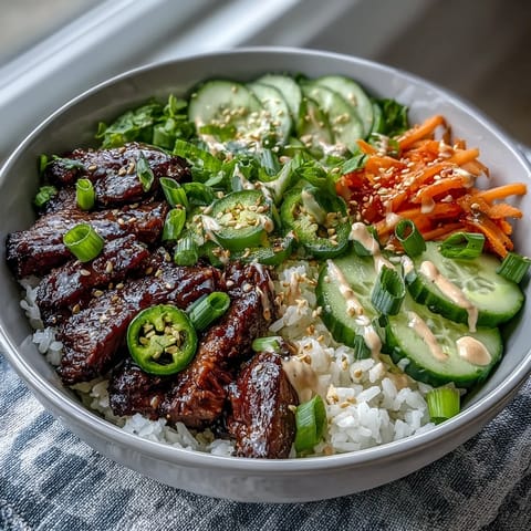 Sizzling sesame beef and crisp cucumber slices in a colorful Korean Beef Power Bowl with spicy mayo drizzle.