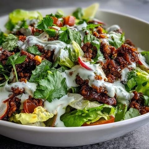 A vibrant Healthy Taco Bowl with seasoned ground beef, crisp romaine, radishes, tomatoes, and a lime yogurt crema drizzle.