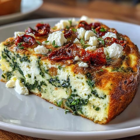A fluffy, savory spinach and feta frittata with sun-dried tomatoes, baked to golden perfection and ready for brunch.