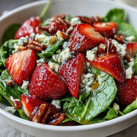 Fresh strawberry spinach salad with poppyseed dressing, featuring juicy strawberries, tender spinach, and crunchy nuts, drizzled with creamy homemade poppyseed dressing.