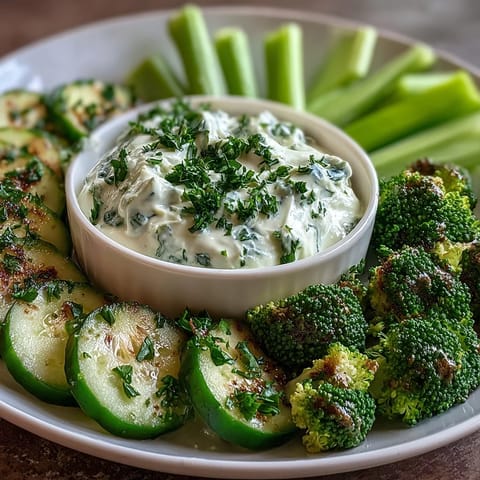 Vibrant platter of green vegetables and avocado ranch dip, perfect for light appetizers or party platters.  