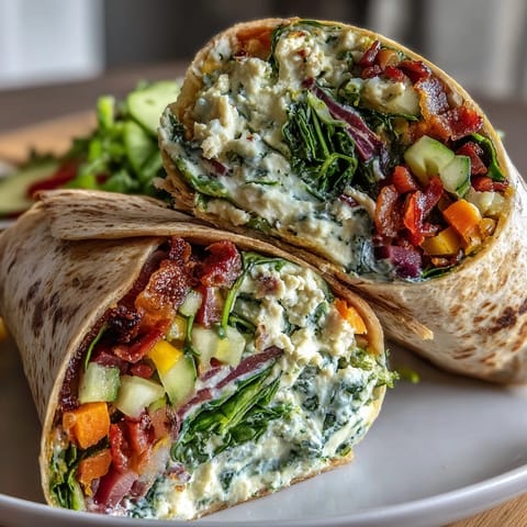 A vibrant, colorful wrap filled with crisp rainbow vegetables and creamy hummus, perfect for a healthy lunch on the go.