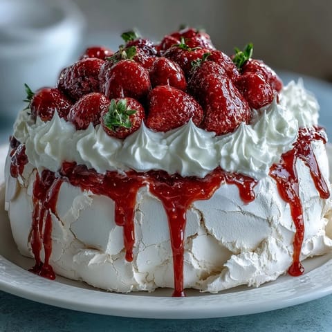 Strawberry Pavlova with Whipped Cream: A crisp meringue shell topped with fluffy whipped cream and juicy fresh strawberries.