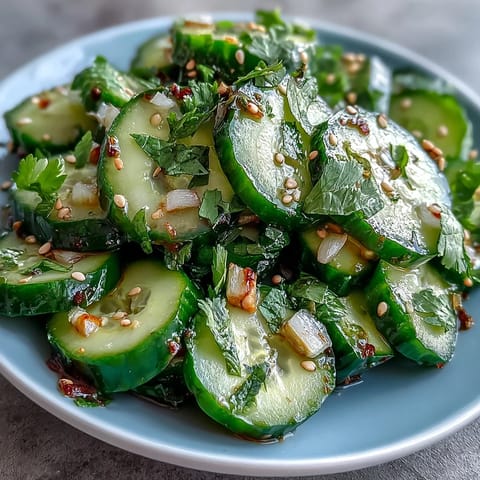 Refreshing Asian cucumber salad with sesame and rice vinegar, perfect for a light vegan appetizer or side dish.